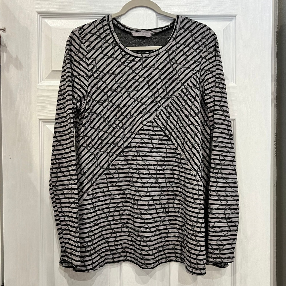 Cut Loose Tunic Top Cotton Blend Textured Stripe Lagenlook Gray Black XL